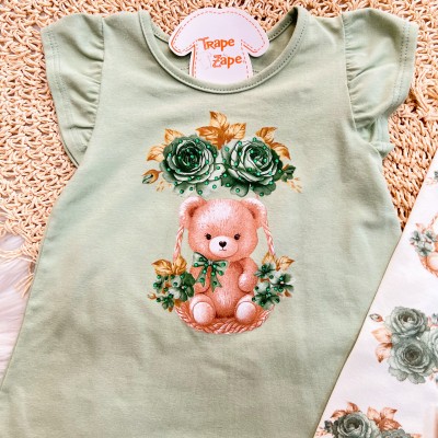 Conj. Blusa Ursinha com Flores Verde e Legging - Off White e Verde